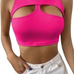 Remidoo Women's Sexy Strap Asymmetrical Neck Cutout Ribbed Knit Slim Fit Cami Crop Top